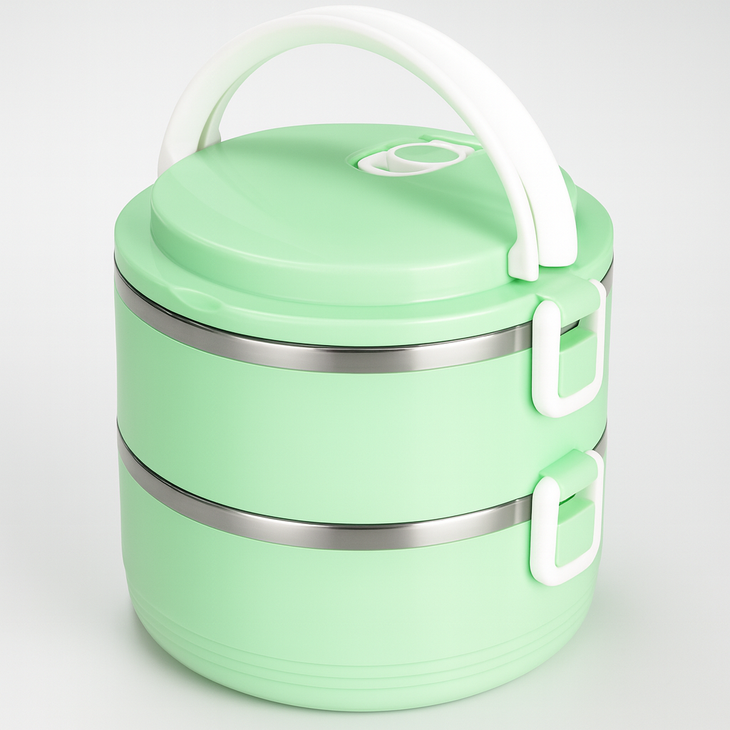 Round Vacuum Stainless Steel Lunch Box – 2 Layer (Multi-Color)